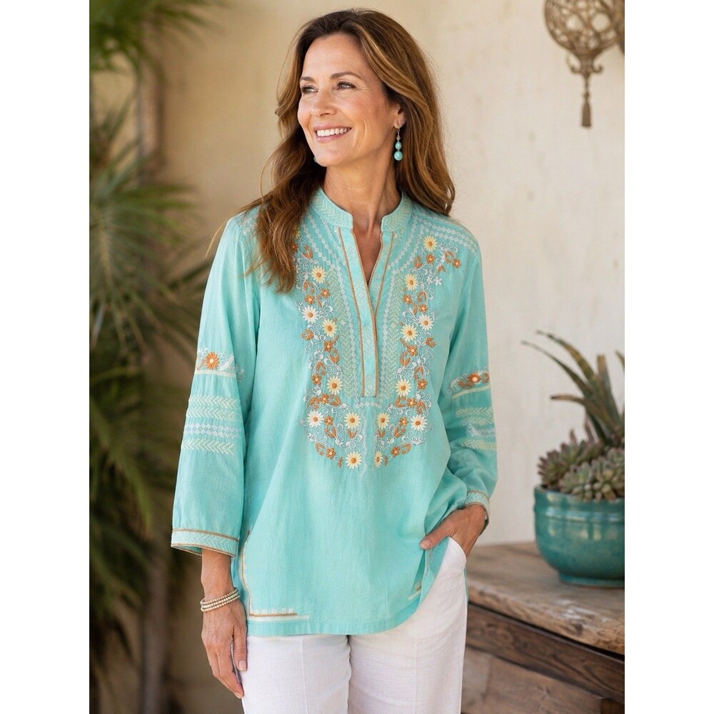 The J. Peterman Company Embroidered Cotton Tunic Top Shirt Medium